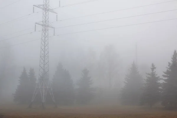 Herbstlandschaft Mit Hochspannungsleitung Und Bäumen Nebel — Stockfoto