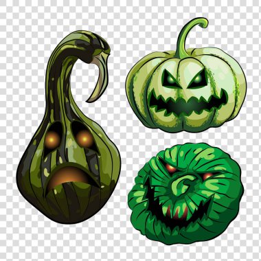 Vektör illüstrasyonu. Kartlar ve afişler için izole elementler. Kötü yüzlü yuvarlak yeşil balkabakları.