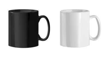 Seramik tabakların vektör çizimi. Siyah beyaz porselen kaplar. Ayrı bir nesne. Beyaz arka planda düzgün kupalar. Baskı için fincanlar..