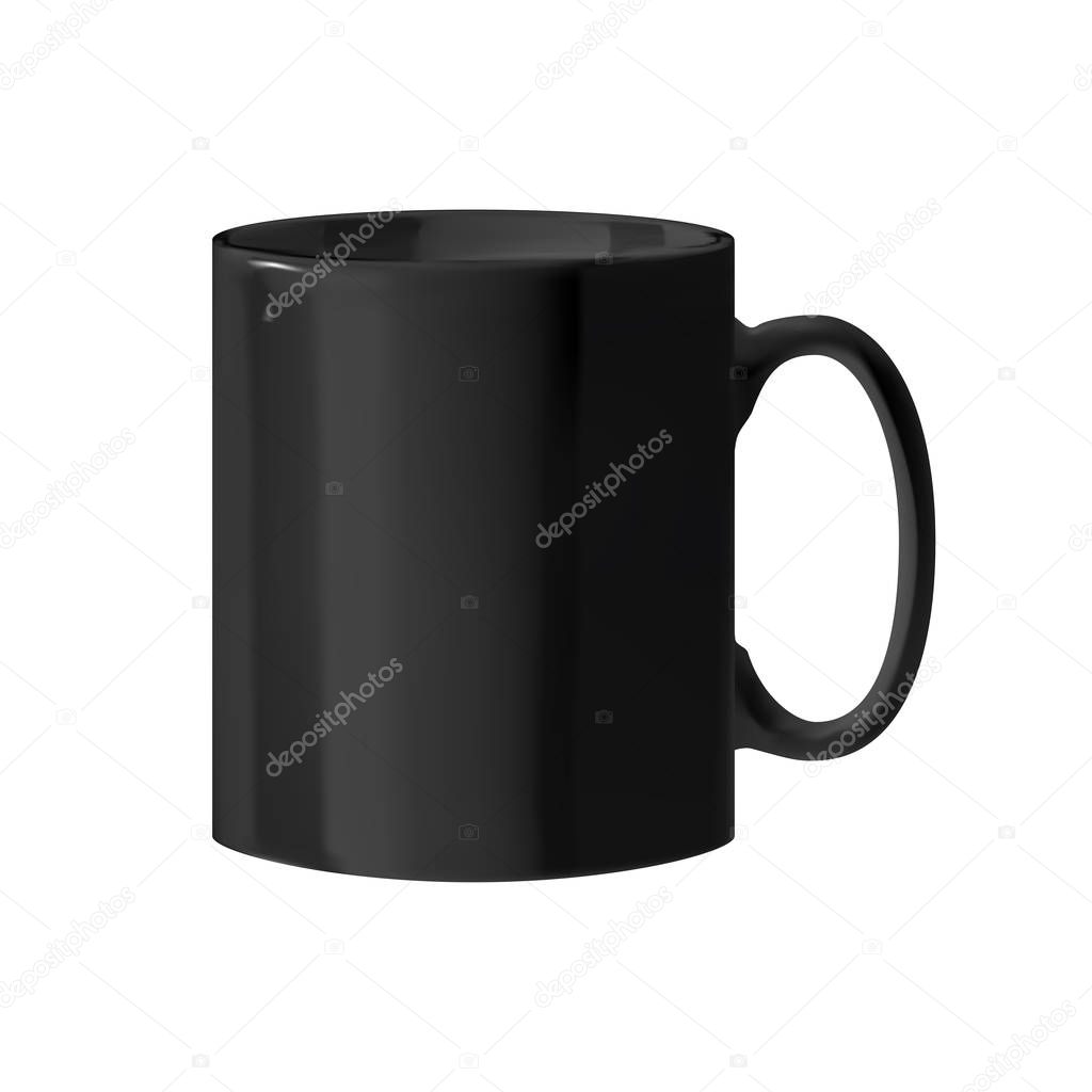 Vector illustration of a ceramic cup. Black porcelain cup. Isolated object. Dark cup on a white background. Cup for drinks. An evenly shaped cup for printing.