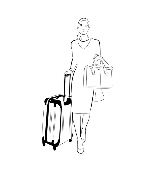 Vector linear illustration of a walking woman with a suitcase. Sketch of a woman with a suitcase and bag.