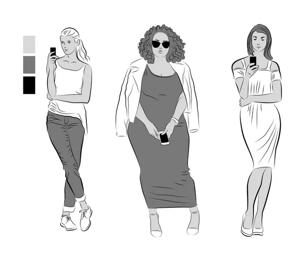 Иллюстрация Девушек Стоящих Телефоном Изолированный Образ Женщины — стоковое фото