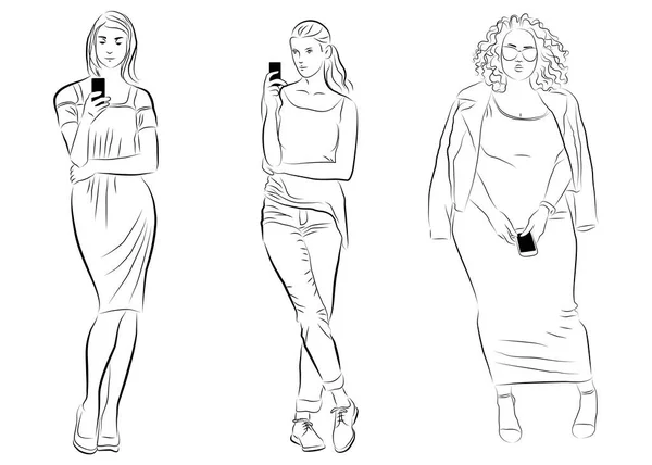 Boceto Chicas Con Teléfonos Ilustración Las Mujeres Imagen Gente — Foto de Stock