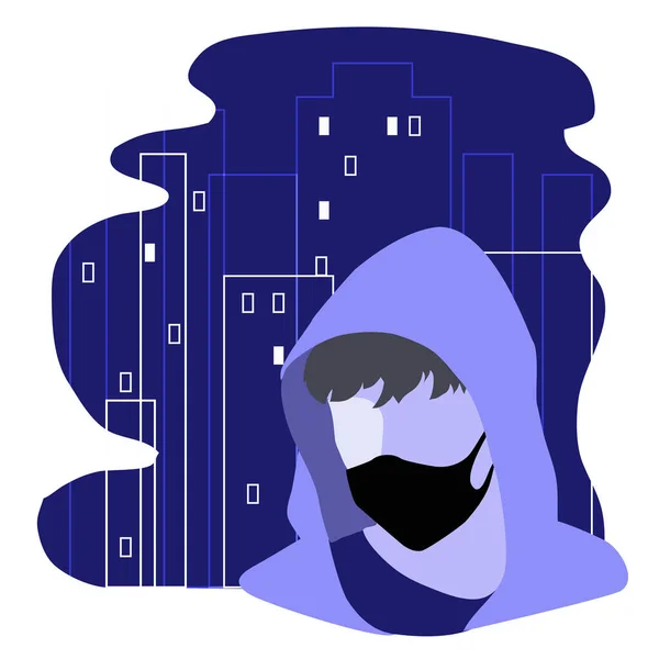 illustration of a male portrait in a mask on a city background. Coronovirus quarantine concept. Remedy for infection. A man in a hood and mask.