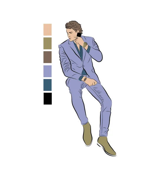 Náčrtek Sedícího Muže Obleku Mladý Muž Telefonem Vektorová Ilustrace Pracovníka — Stock fotografie