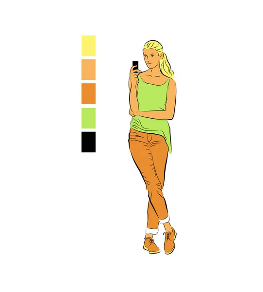 Ilustración Color Vectorial Una Chica Que Espera Con Teléfono Dibujo —  Fotos de Stock