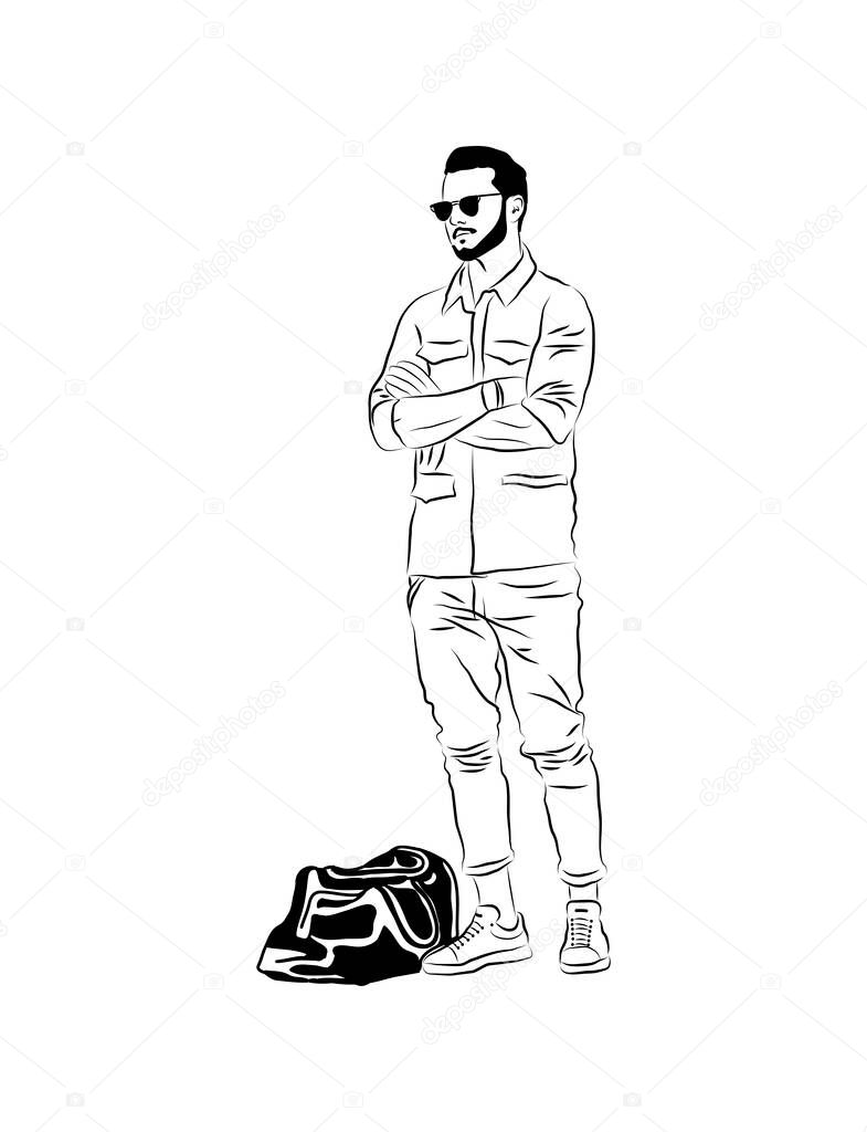 Vector linear illustration of a young man with bag. Picture of a waiting man.