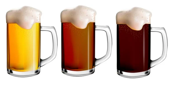 不同类型啤酒与泡沫的分离图像 用啤酒演示玻璃杯子的真实感 假日及啤酒节 — 图库矢量图片