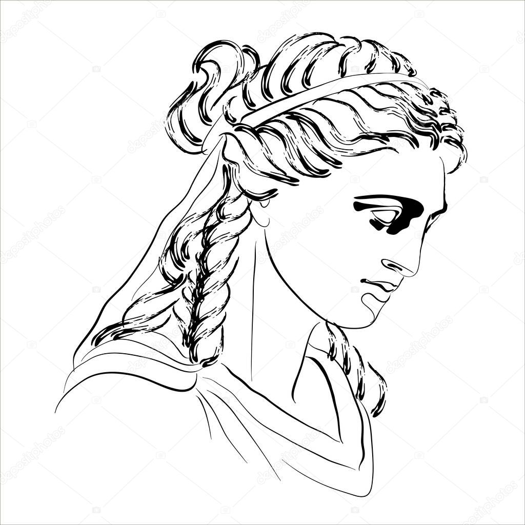 Vector illustration of the home goddess Hestia. Isolated monochrome sketch of Vesta.