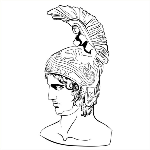 Vectoral linear illustration of an antique god. An isolated image of the god of war Ares. Character of ancient Roman mythology.