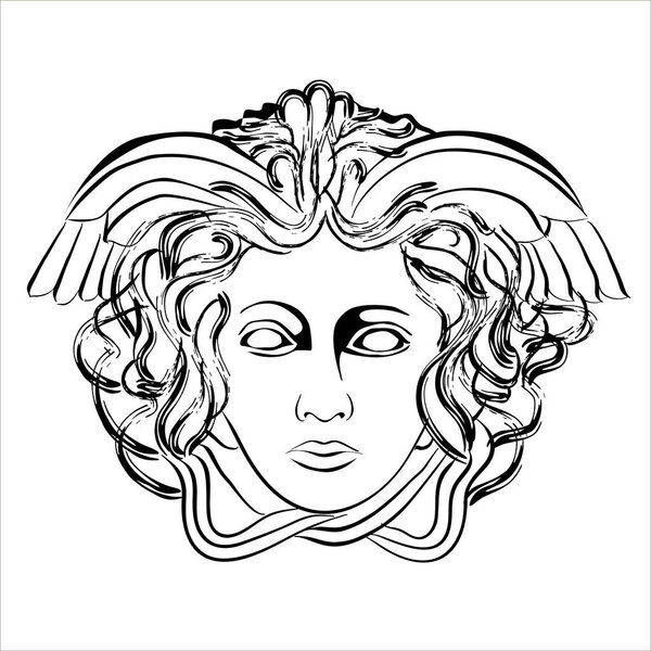 Vector linear illustration of an antique character. An isolated image of Medusa gorgon. The character of ancient Roman mythology. 
