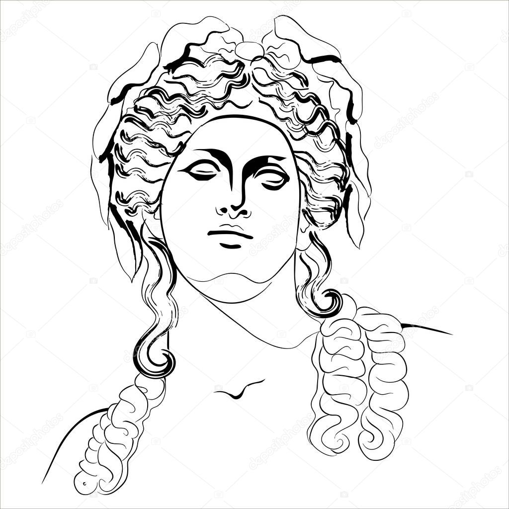 Vectoral linear illustration of an antique god. Isolated image of the god of winemaking and fun Dionysus. Character of ancient Roman mythology.