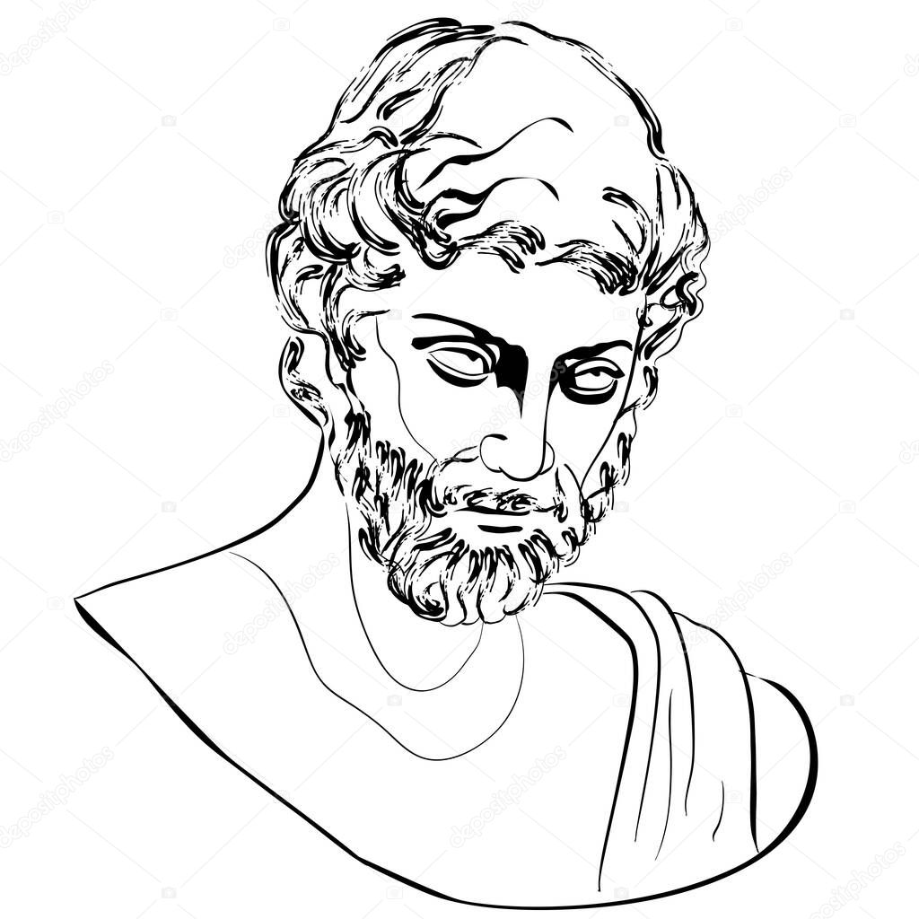 Vectoral linear illustration of an antique god. Isolated image of Hephaestus volcano god. Character of ancient Roman mythology.
