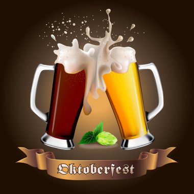 Koyu ve hafif biralı iki kupa, Zıpır ve Oktoberfest yazıtları.