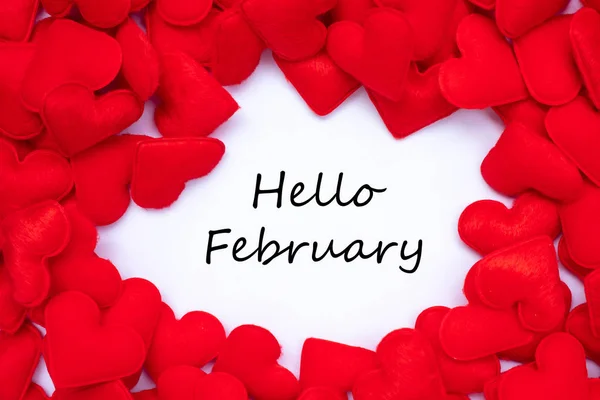 Hello February Word Red Heart Form Decoration Background Love Wedding — стоковое фото