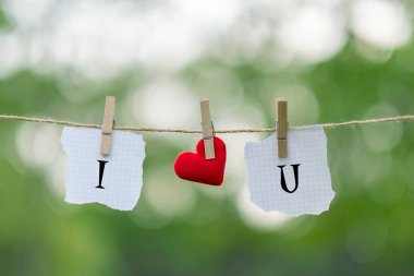 Kırmızı kalp şekli dekorasyon kopya alanı için yeşil doğa arka plan üzerinde metin satırıyla asılı. Düğün romantik ve Happy Valentine s gün tatil kavramı seviyorum