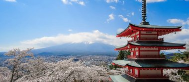 Chureito kırmızı Pagoda güzel kiraz çiçeği ya da pembe Sakura çiçek ağaç ve mavi gökyüzü karşı Fuji Dağı. Fujiyoshida, Japonya, bahar mevsimi. işareti ve popüler turistik mekanlar için