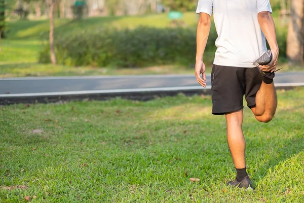 Young Athlete Man Streching Park Outdoor Male Runner Warm Ready — Stock Photo, Image