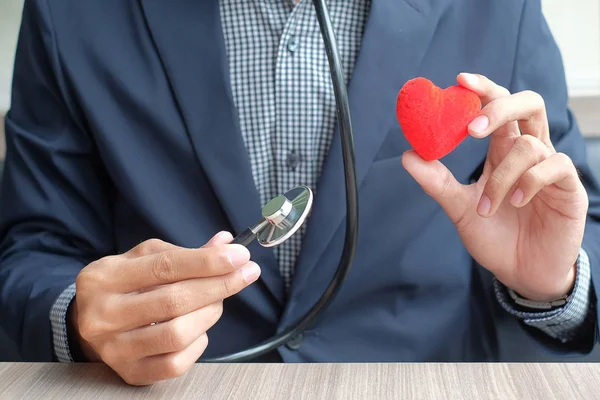 Businessman Doct Hands Holding Red Heart Stethoscope Healthcare Insurance Concept — Stock Photo, Image
