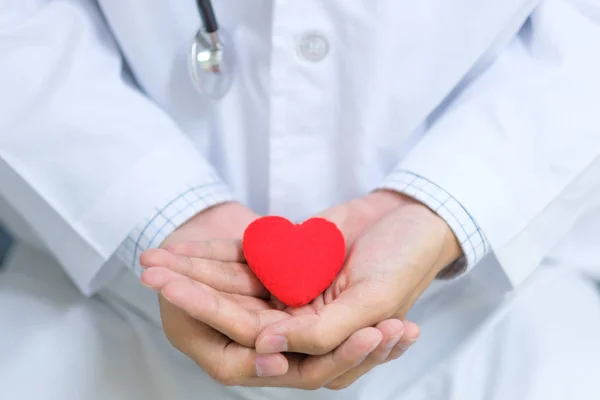 Male Doctor Stethoscope Hand Holding Red Heart Shape Hospital Healthcare — Stock Photo, Image