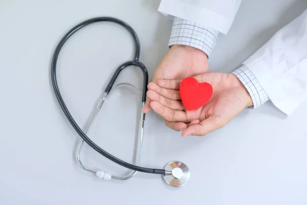 Male Doctor Stethoscope Hand Holding Red Heart Shape Hospital Healthcare — Stock Photo, Image