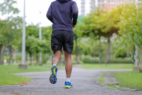 Park açık, güneş ışığı sabah koşma dışında Asya atlet koşu ve egzersiz Patika yolda yürüyen genç fitness adam. Spor, sağlıklı ve sağlık kavramları
