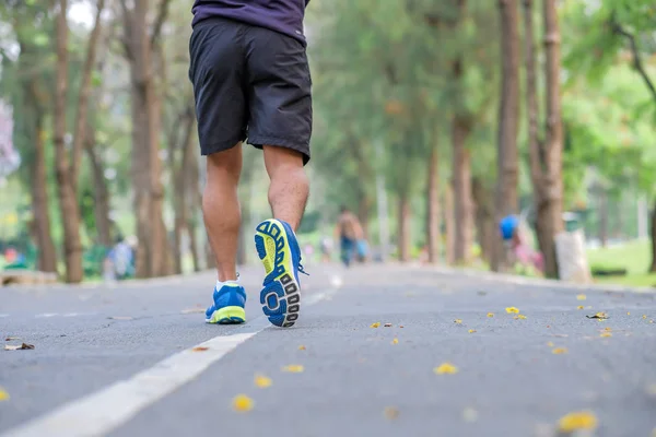 young fitness man legs walking in the park outdoor, male runner running on the road outside, asian athlete jogging and exercise on footpath in sunlight morning. Sport,healthy and wellness concepts