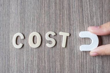 Ahşap alfabe harfleri manyetik tutan işadamı ile maliyet kelimesine. İş, finans ve fikir kavramı