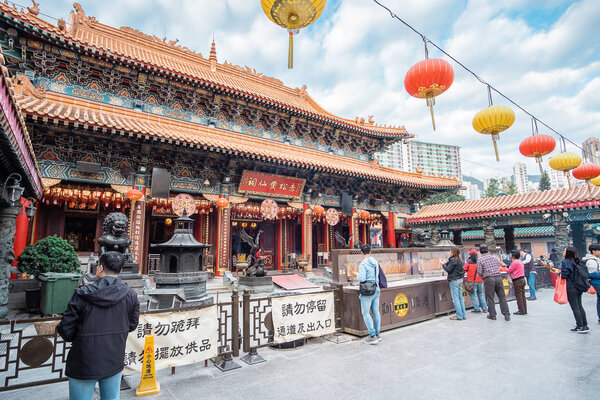 Sik Sik Yuen Wong Tai Sin Temple is home to three religions: Buddhism, Confucianism, and Taoism. landmark and popular for tourist attractions in Hong Kong; Hong Kong, China, 18 December 2018