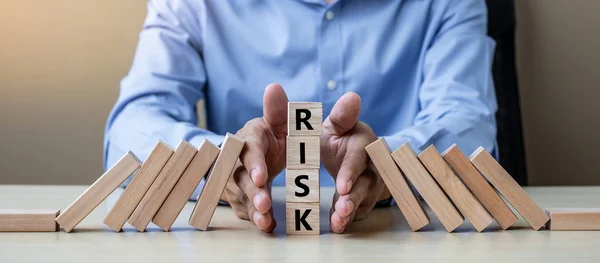 Businessman Hand Stopping Falling Wooden Blocks Dominoes Business Risk Management — Stock Photo, Image