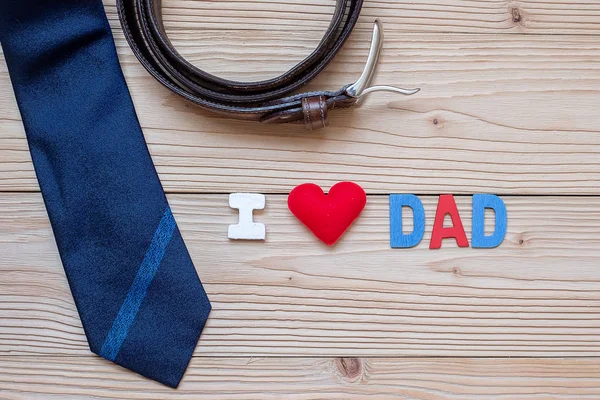 I Love DAD text with blue neckties, belt and red heart shape on — Stock Photo, Image