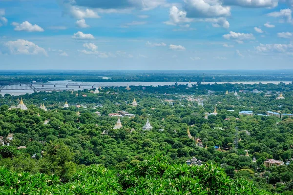 aerial view of Mandalay city with  temples, gold pagoda, Irrawad