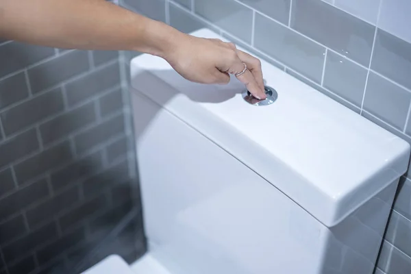 Tekan Tangan Dan Flush Toilet Membersihkan Gaya Hidup Dan Konsep — Stok Foto