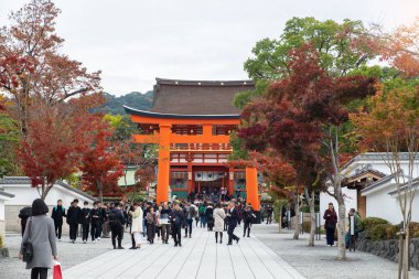 Fushimi Inari-taisha tapınağı sonbahar mevsiminde, Fushimi-ku 'da yer alır. Kyoto 'da turistler için önemli ve popüler bir yer. Kyoto, Japonya, 27 Kasım 2019