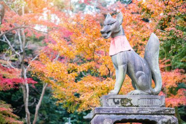 Fushimi Inari-taisha tapınağında sonbahar mevsiminde, Fushimi-ku 'da bulunan Fox heykeli. Kyoto 'da turistler için önemli ve popüler bir yer. Kyoto, Japonya, 27 Kasım 2019