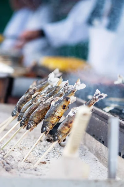 Japanese Fishes Grilling Delicious Traditional Food Arashiyama Kyoto Japan Asia — Stock Photo, Image