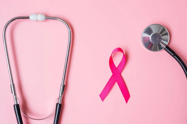 Осведомленность Раке Молочной Железы Розовая Лента Стетоскопом Розовом Фоне Поддержки — стоковое фото