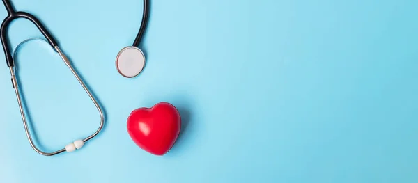 Top View Stethoscope Red Heart Shape Blue Background Copy Space — Stock Photo, Image