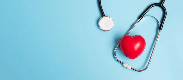 Top View Stethoscope Red Heart Shape Blue Background Copy Space — Stock Photo, Image
