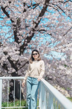 Baharda Morioka Şatosu Harabeleri Parkı 'nda çiçek açan Sakura Kiraz Çiçeği' ni gezen bir turist Iwate Park, Iwate Bölgesi, Japonya 'da mutlu bir gezgin. Ünlü Landmark Seyahat ve Tatil Yeri