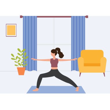 Evde yoga yapan bir kadın. Fiziksel ve ruhsal uygulama. Düz vektör illüstrasyonu