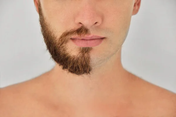 Half Shaved Young Man Beard Half Face Light Grey Background — Stock Photo, Image