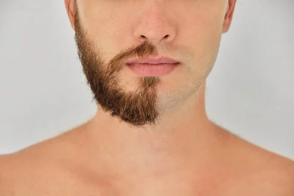 Half Shaved Young Man Beard Half Face Light Grey Background — Stock Photo, Image