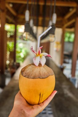 Kadın elinde bir saman ile Hindistan cevizi.