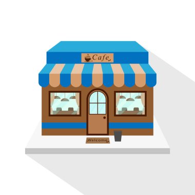 Cafe simgesi beyaz arka plan üzerinde uzun düz gölge ile. Cafe cephe, ticari bina. Vektör çizim, Eps10.