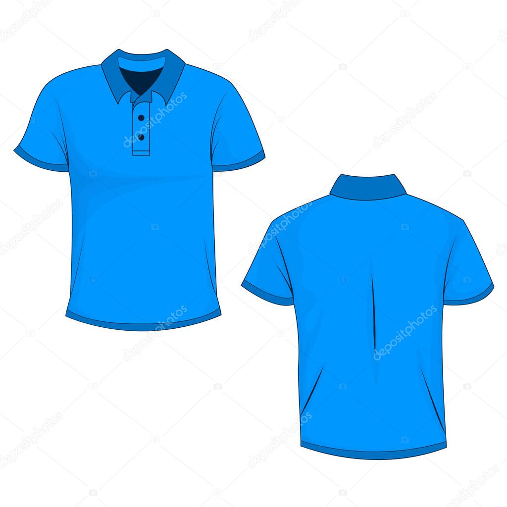 Front and back view of blue polo (t-shirt). Isolated on white background. Template and mockup of polo for print. Vector illustration, EPS10.