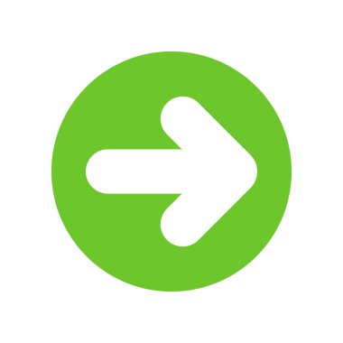 Beyaz sağ (sonraki) web simgesi yeşil bir daire içinde beyaz ok. Beyaz arka plan üzerinde izole. Vektör çizim, Eps10.