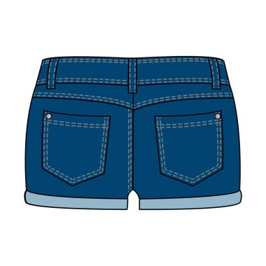 Kadın giyim - kot şort, arkadan görünüm. Beyaz arka plan üzerinde izole. Vektör çizim moda tasarımı için. Eps10.