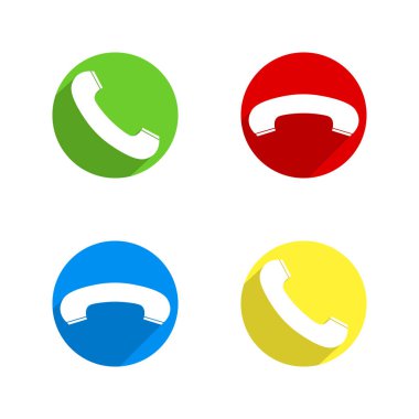 Yuvarlak telefon alıcı simgeler kümesi. Düz simgesi bir daire içinde. Kırmızı, sarı, mavi, yeşil sürümleri. Web ve yazılım arabirimleri için tasarlanmış. Vektör çizim, Eps10.