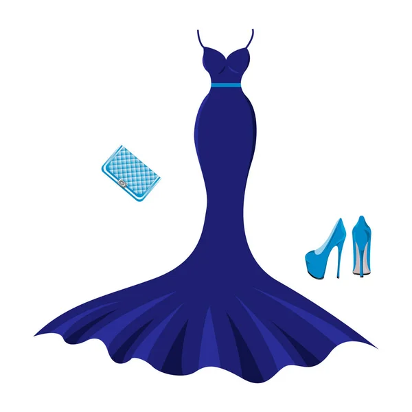夜のファッションの服のセットです 女性トレンディでスタイリッシュな服 夜の濃い青のドレス ハンドバッグ クラッチ ベクトル図 Eps10 — ストックベクタ